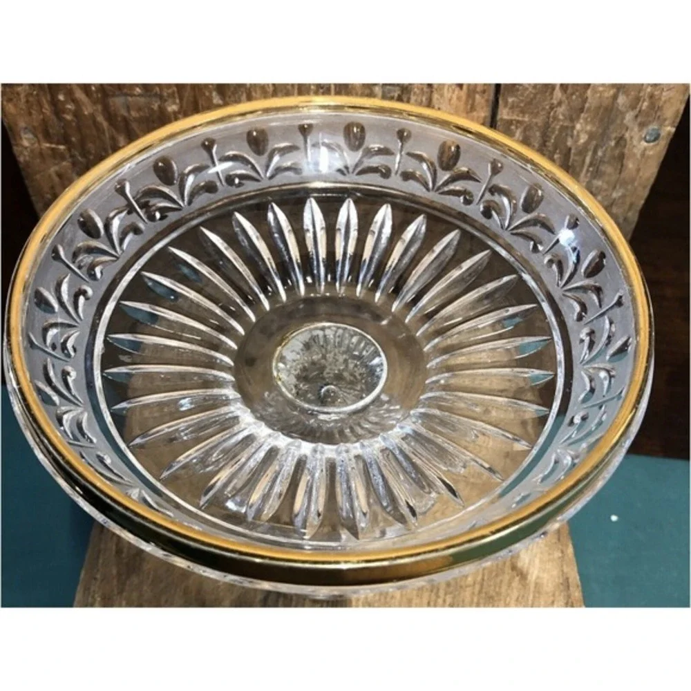 Pedestal‎ Bowl Etched Lead Glass Gilded Rim West Germany Enesco STUNNING
